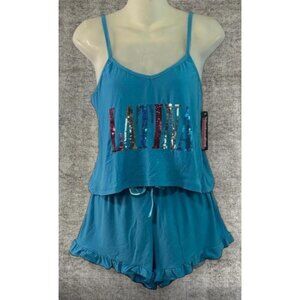 LATINA Pajama Set Blue L Sequin Graphic Lounge Sleepwear NWT Cozy
